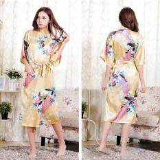 Plus Size kimono Peacock Sleepwear Kimono Satin Silk Long Robe Geisha Dress (Yellow )