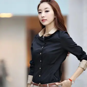 Plus Size Slim Look Spring Korean Office Lady Long Sleeve On Plus Size Slim Look Spring Korean Office Lady Long Sleeve On Shirt In Black