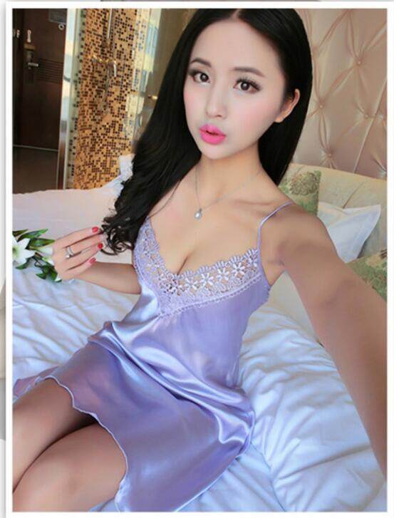 QQ Gaun Sutra Murni Seksi Gaun Malam Tipis Wanita Pakaian Sutera Rumah Piama Cantik Ungu-Internasional