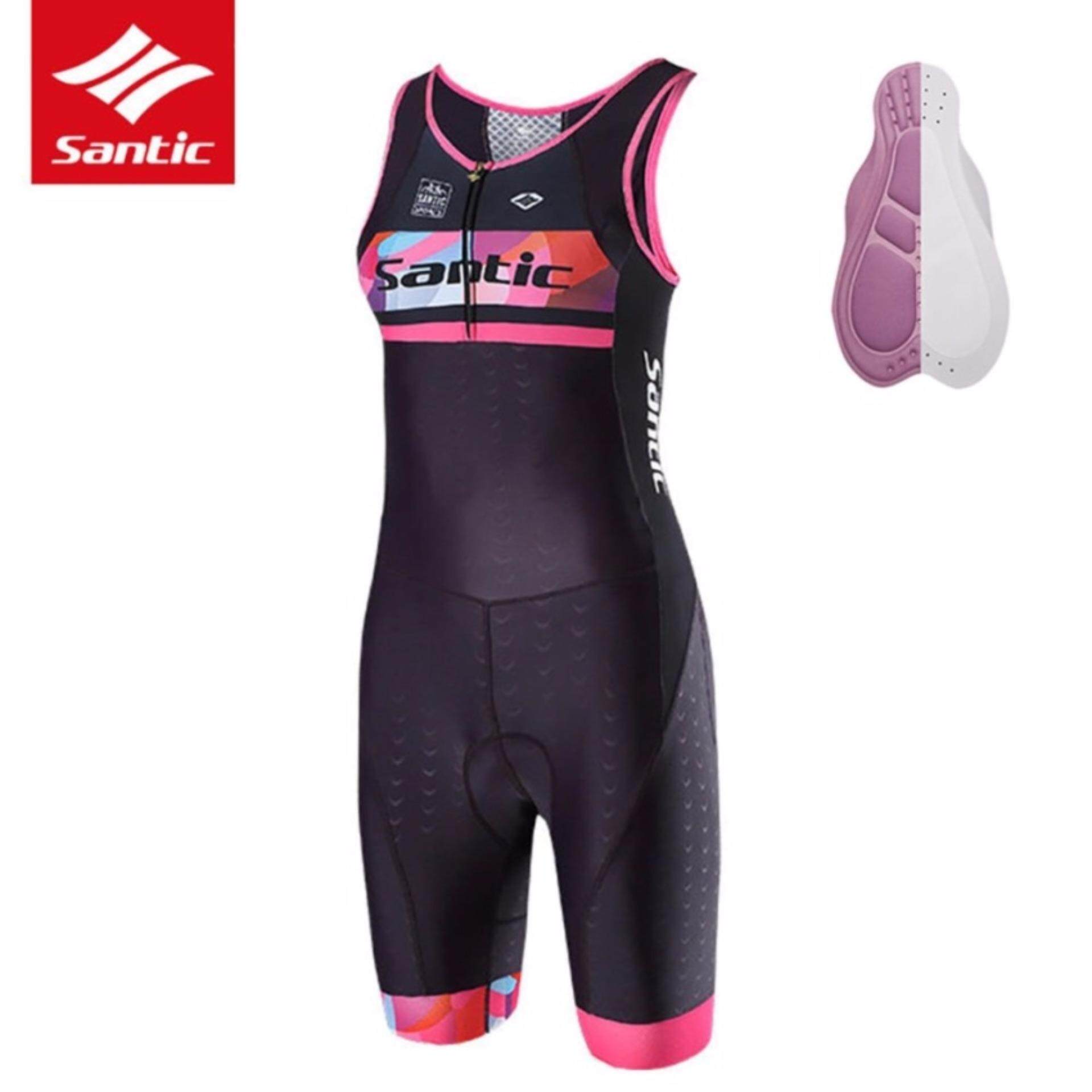 Santic Women's Pro Breathable Triathlon One-piece Sleeve Cycling Jersey Special Cushion Anti-UV Quick Dry Cycling Clothing Skinsuit Bicycle Bike Jersey