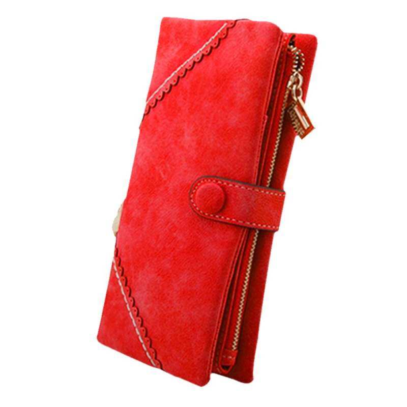 HHS86JUS Sanwood Wanita Dompet Kulit Tombol Lipat Dua Dompet Merah Tas Tangan Wanita Panjang Clutch Dompet