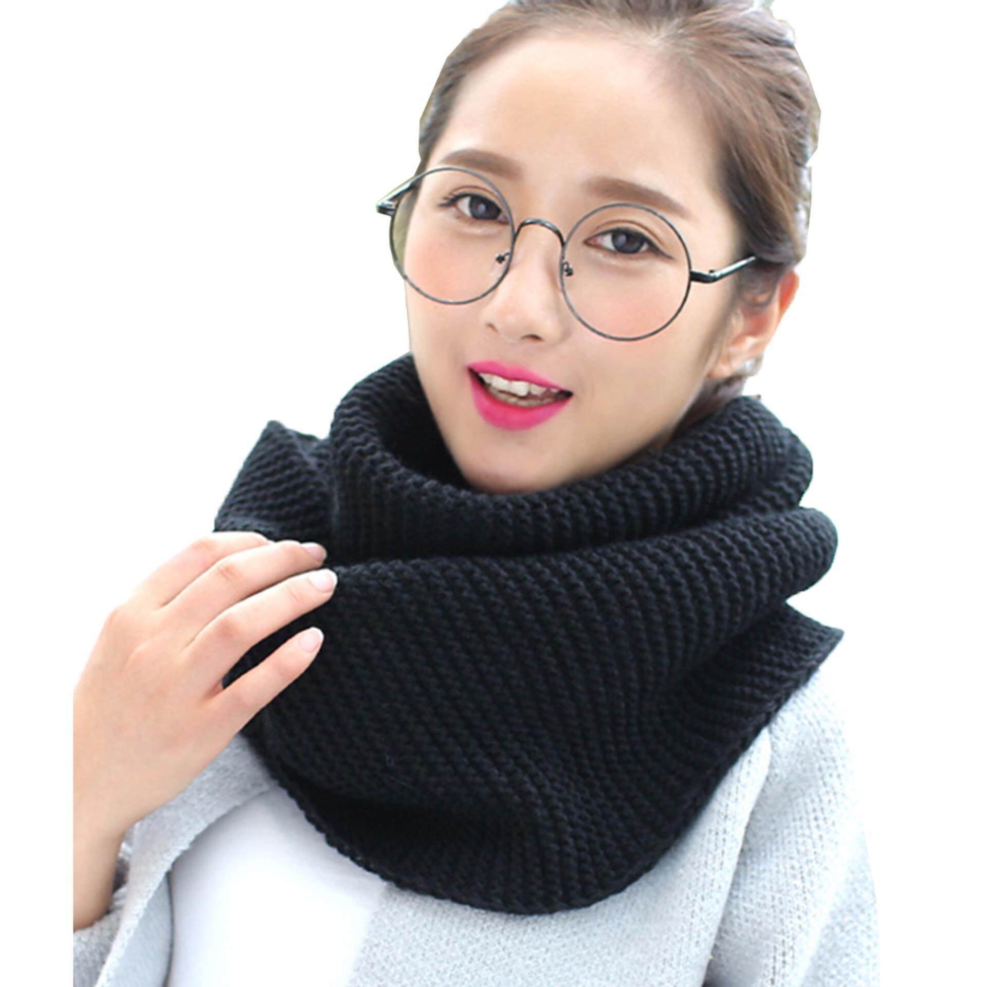 Harga Jual Korean Style Autumn Winter Uni Knitted Scarf Cape Smile YKK Women Korean Warm Thicken Solid Knitted Infinity Loop Scarf Black