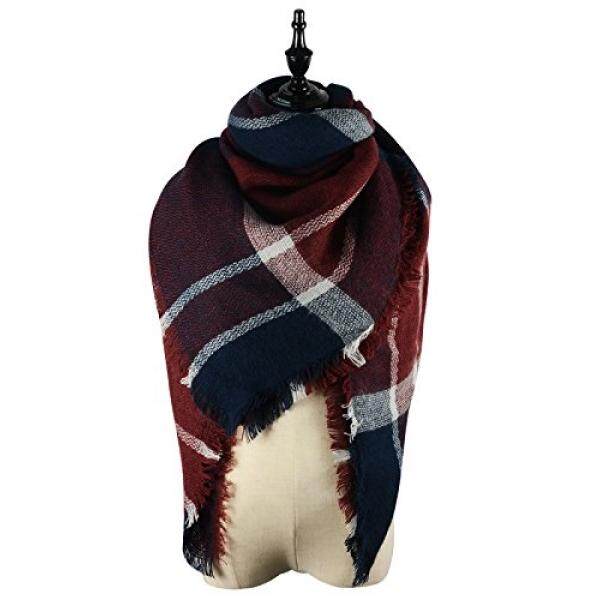 Lembut Cozy Scarves untuk Wanita Musim Dingin Giant Hangat Warna-warni Kotak-kotak Selimut Selendang Syal Pembungkus Angkatan Laut Merah-Internasional