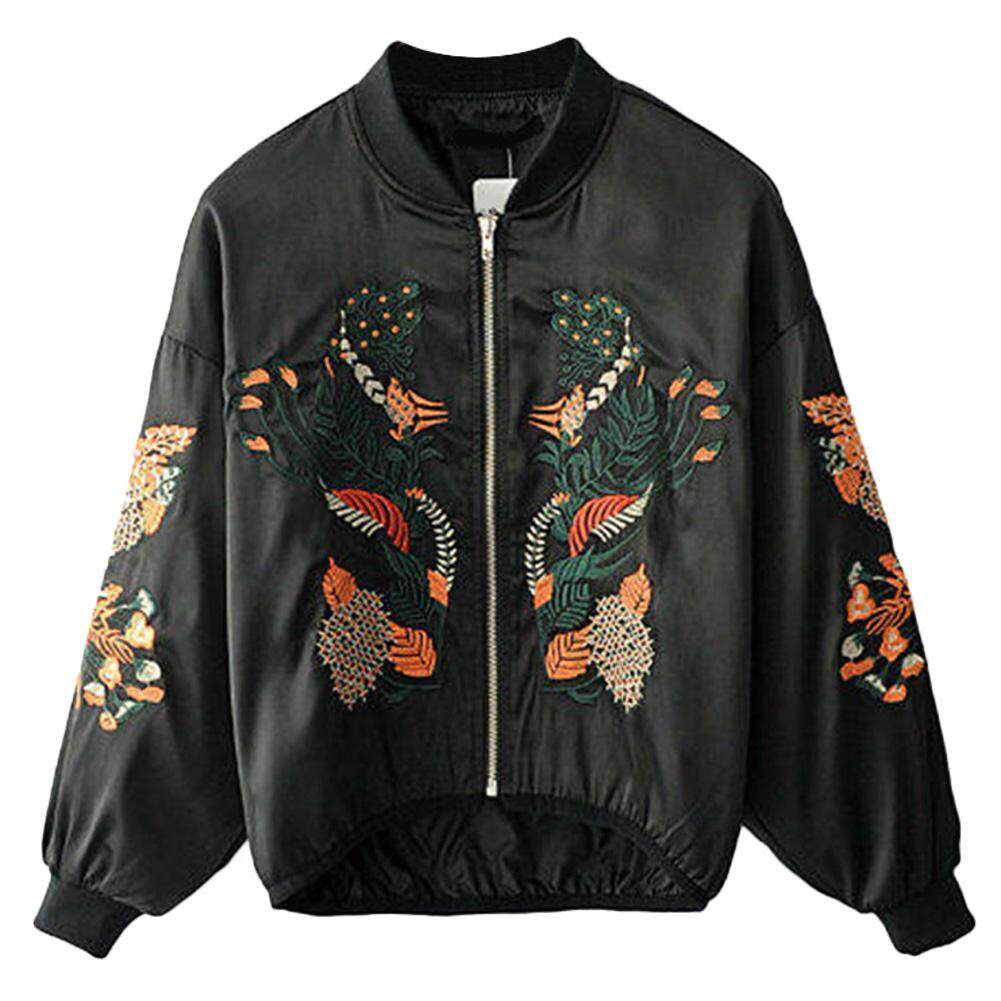 Spring Autumn Fashion Women Floral Embroidery Bomber Jacket Stand Collar Long Sleeve Female Jacke Outerwear