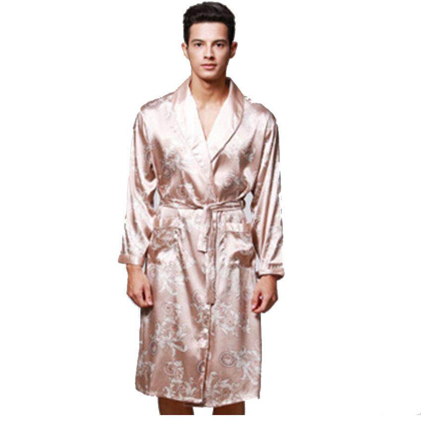 Musim Semi Musim Panas Lengan Panjang Cetak V-neck Satin Sutra Jubah Pria Jubah Mandi Baju Tidur Rumah Casul Baju Pasangan (CAMEL) -Intl