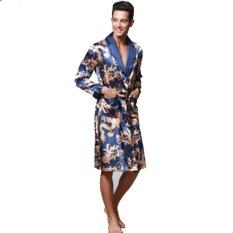 Musim Semi Musim Panas Lengan Panjang Cetak V-neck Satin Sutra Jubah Pria Jubah Mandi Baju Tidur Rumah Casul Baju Pasangan (Navy)