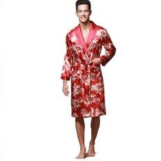 Musim Semi Musim Panas Lengan Panjang Cetak V-neck Satin Sutra Jubah Pria Jubah Mandi Baju Tidur Rumah Casul Baju Pasangan (Merah)