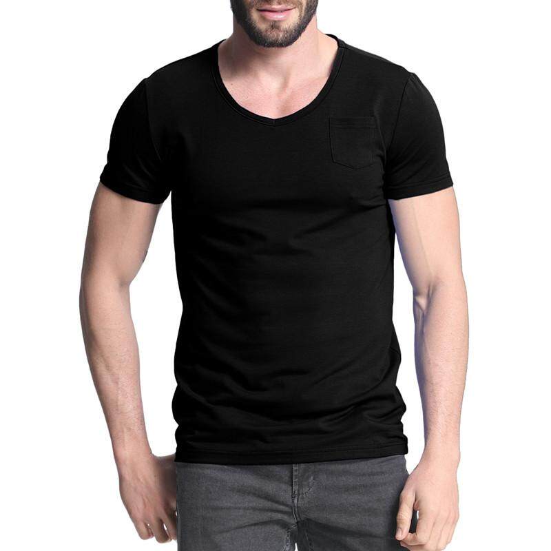 Gaya Kasual Slim Fit Summer Lengan Pendek Saku Polos T Shirt TEE Tops Hitam -Intl