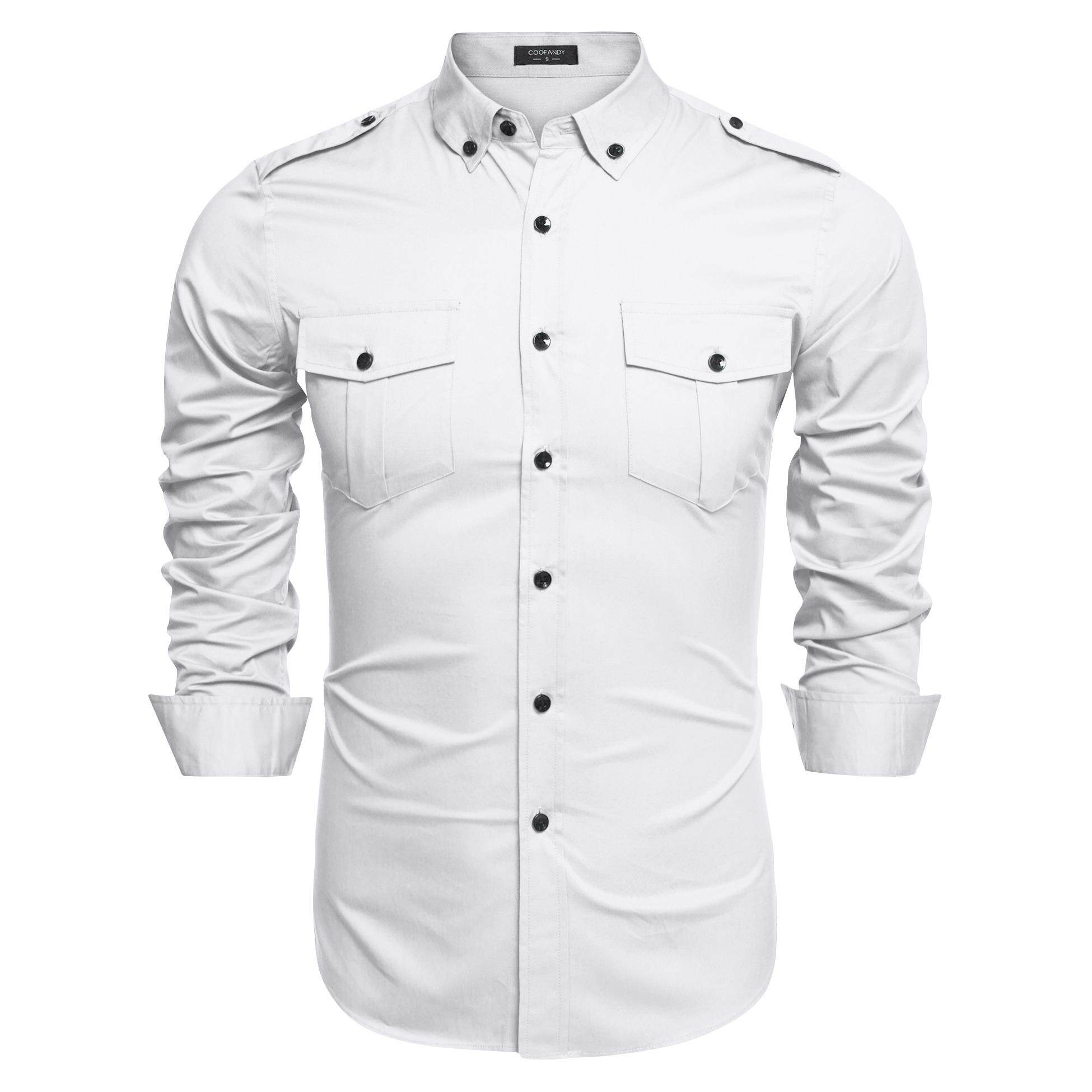 Newly Fashion Style Coofandy Men Slim Fit Turn Down Collar Long Sleeve Dual Pocke Solid Casual Shirt ( White )