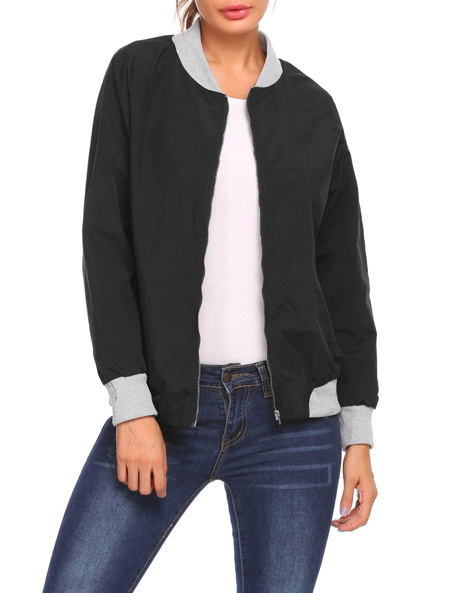 Supercart Resleting Klasik Wanita Kain Perca Ramping Pendek Jaket Bomber W/Pocket (Hitam)-Intl