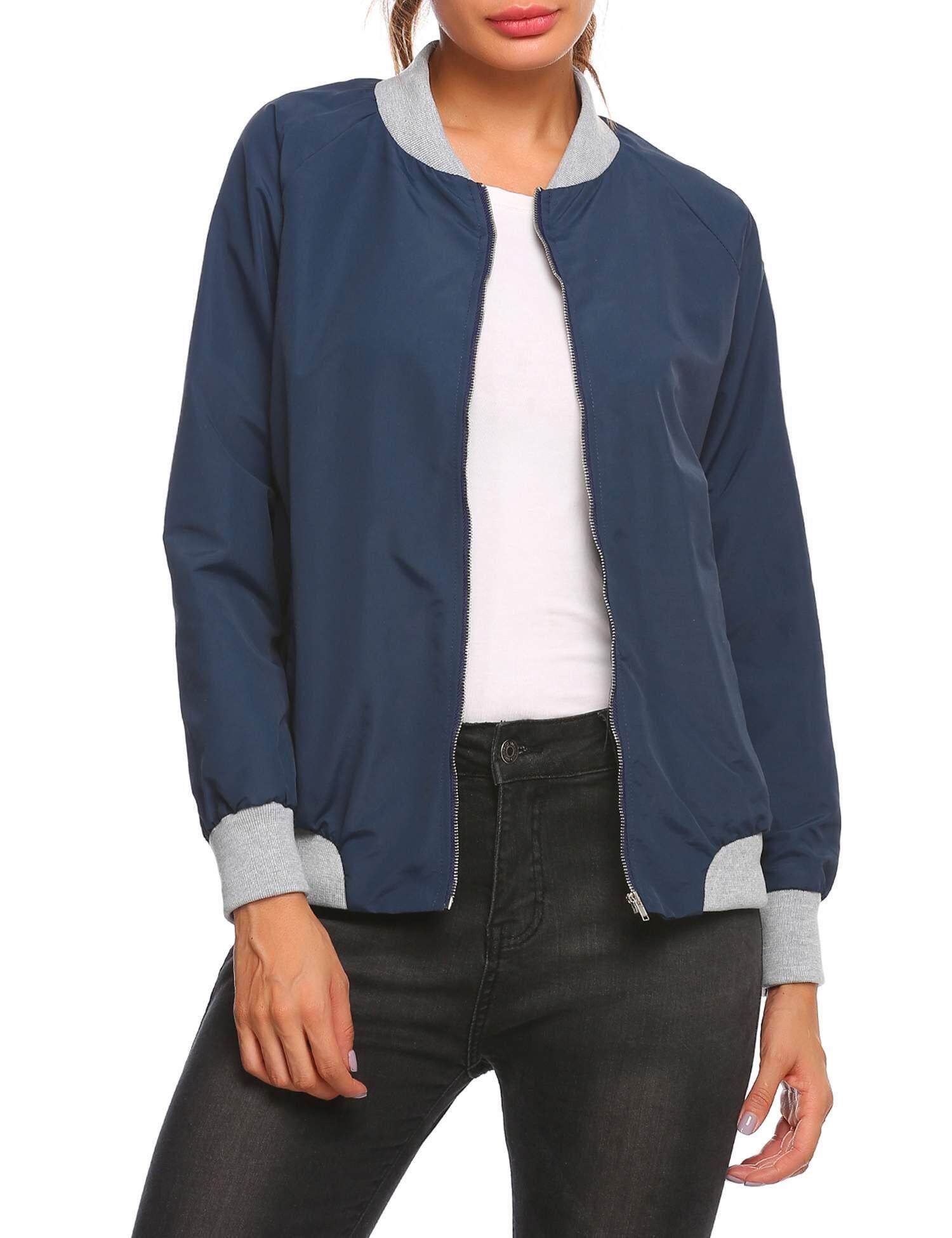 Supercart Resleting Klasik Wanita Kain Perca Ramping Pendek Jaket Bomber dengan Saku (Biru Dongker)-Intl