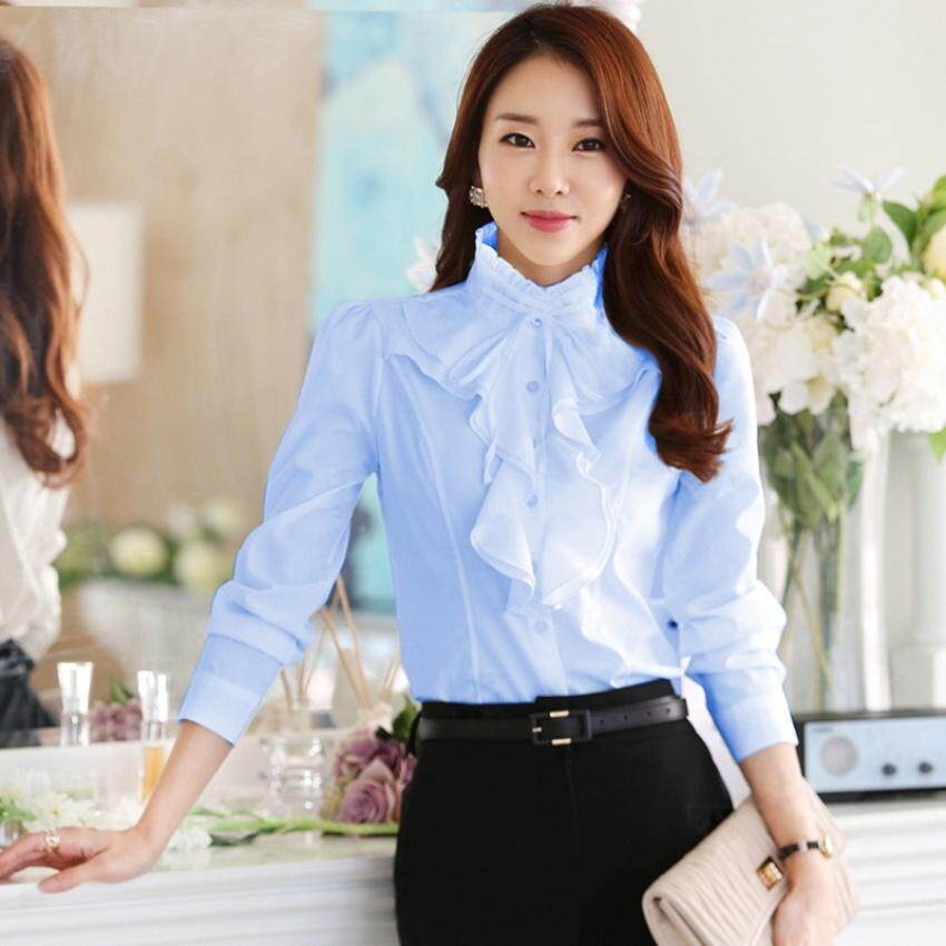 Huade Musim Semi dan Musim Gugur Baru Baju Lotus Daun Lacelong Lengan Baju Sifon Putih Karir Potongan Pas Badan Bottoming Shirtfemale (Biru Langit) (Int: S)-Intl