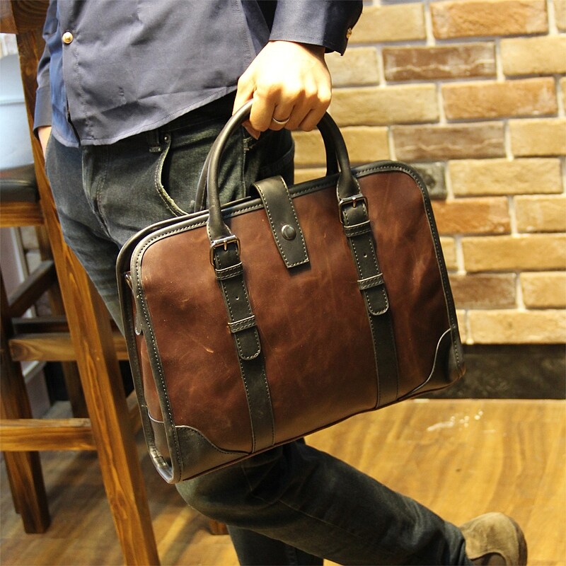 DQMSB Briefcase Leather Business Men Crazy Horse Leather Handbag Mens Shoulder Bag