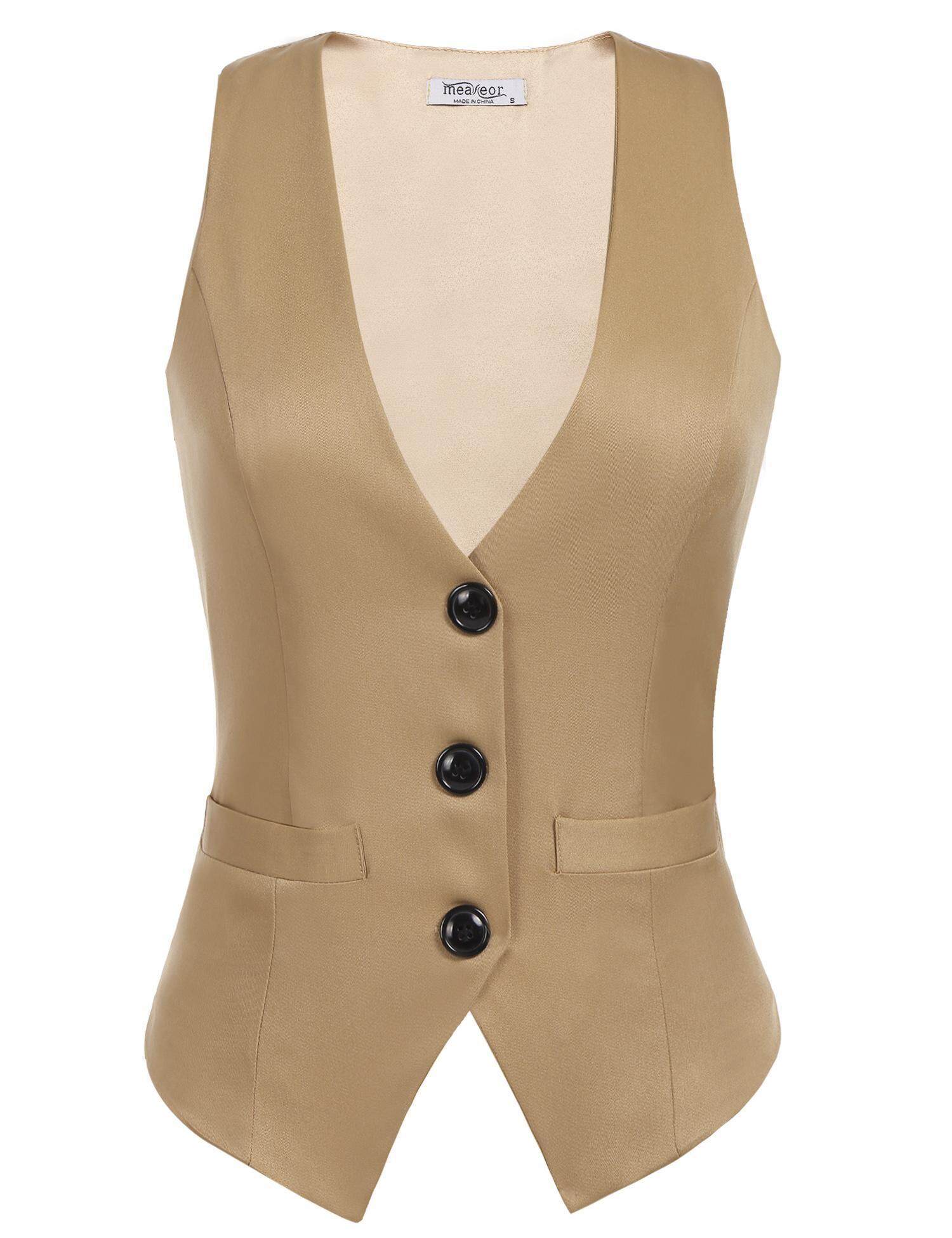 Toprank Wanita Kasual V-neck Kain Perca Tanpa Lengan Tombol Asimetris Hem Rompi Atasan Seksi (CAMEL)-Intl