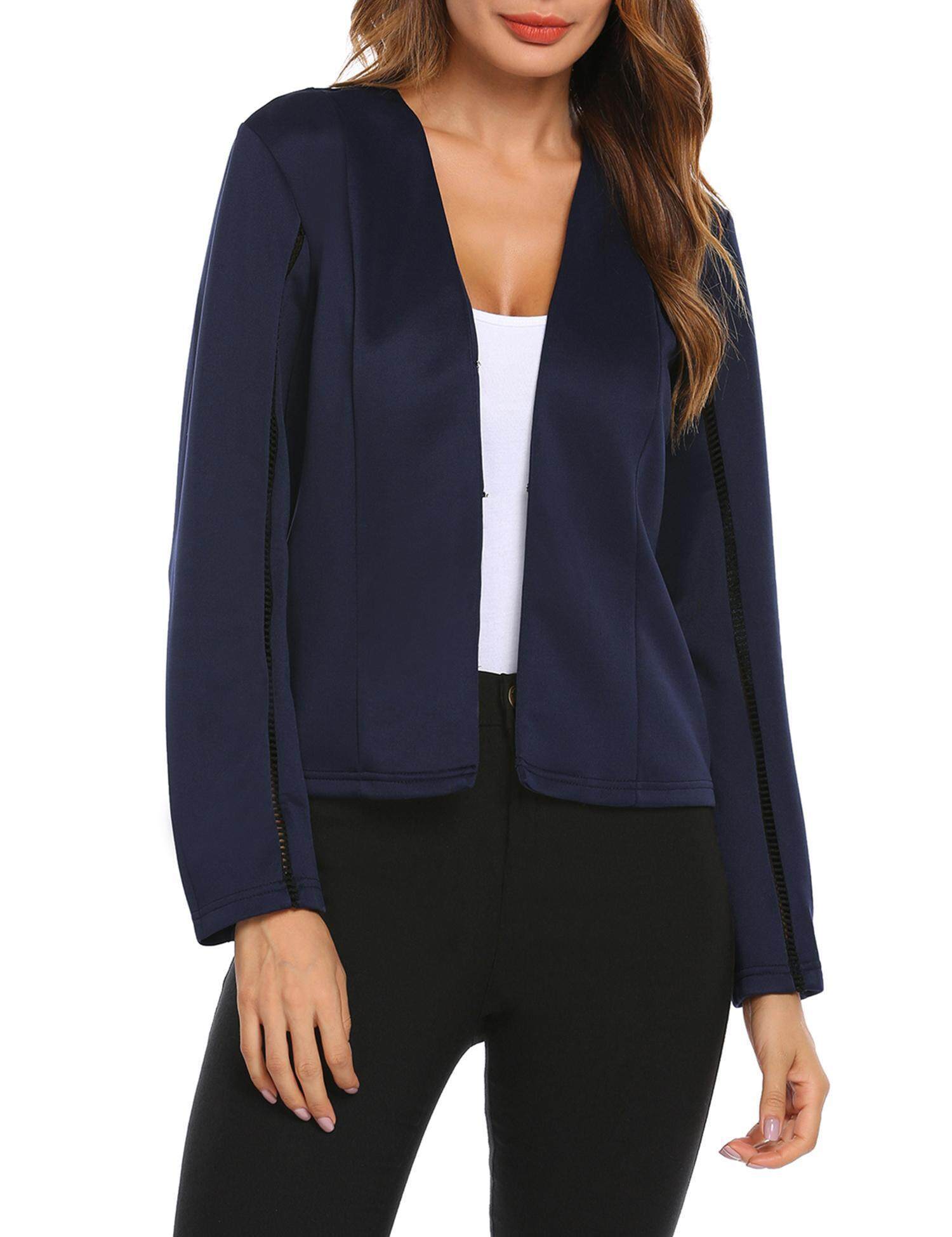 Toprank Wanita Panjang Tanpa Lengan Mata Kait Jaket Blazer Slim OL Bisnis (Biru Dongker)-Intl