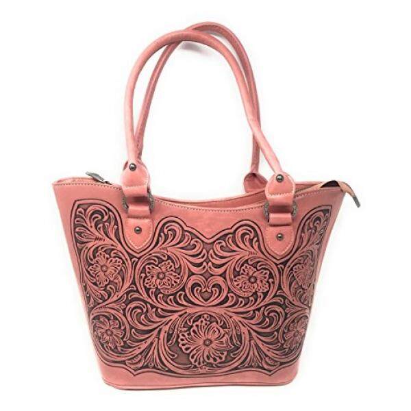Trinity Ranch Concealed Carry Zip-Top Shoulder Tote w/ Floral Tooled Genuine Leather Handbag Purse For Carrying Your Weapon (Pink) - intl