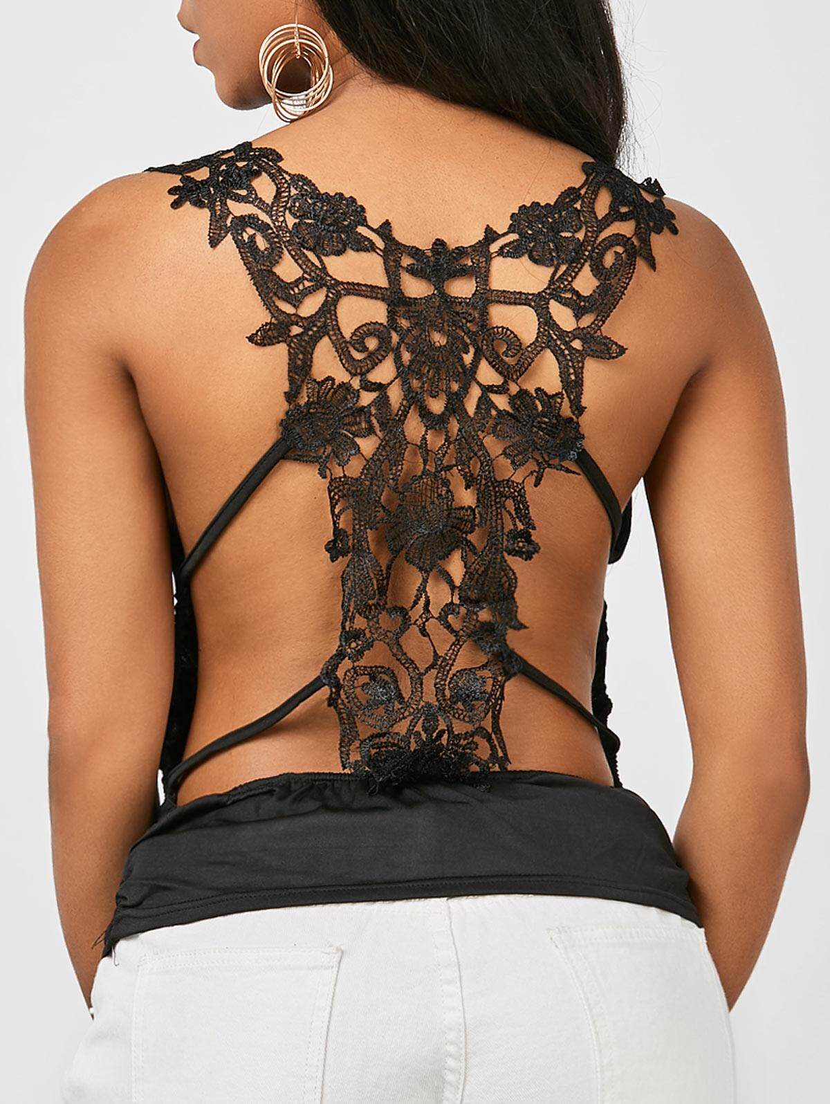 V Neck Back Lace Ruched Tank Top