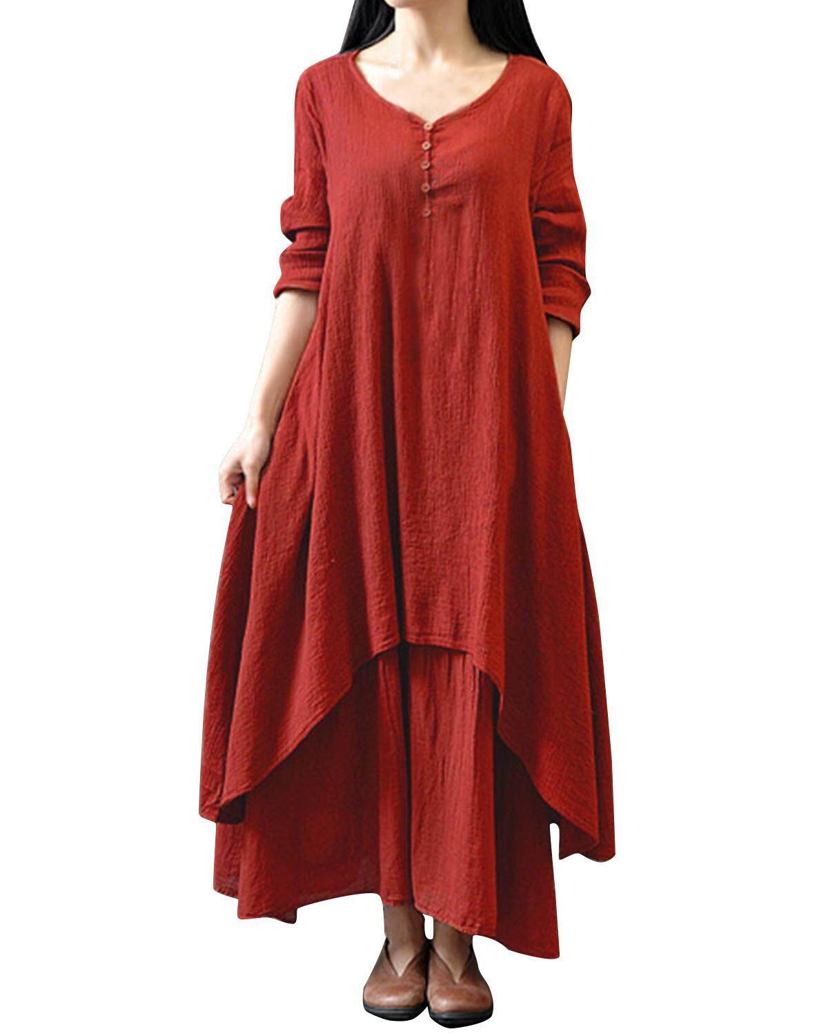 Vonda Baju Bersalin 2018 Retro Besar Polos Gaun Wanita Leher V Lengan Panjang Kasual Longgar Kehamilan Vestidos Plus Ukuran bata Merah-Internasional