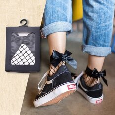 Women Ruffle Bow Fishnet Ankle Socks Mesh Lace Fish Net Short Socks Black 20cm