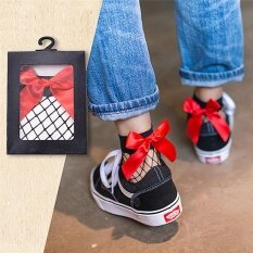 Women Ruffle Bow Fishnet Ankle Socks Mesh Lace Fish Net Short Socks Red 20cm