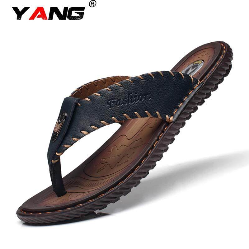 Yang Men's Sepatu Kulit Asli Lipat Flops Sandal Pria Sepatu Buatan Tangan Sandal Kasual Ringan Modis Sandal Sepatu Desainer Pria Tinggi kualitas Lelaki Lipat Jepit Ukuran 38-44 Meter (Gelap Biru) -Internasional