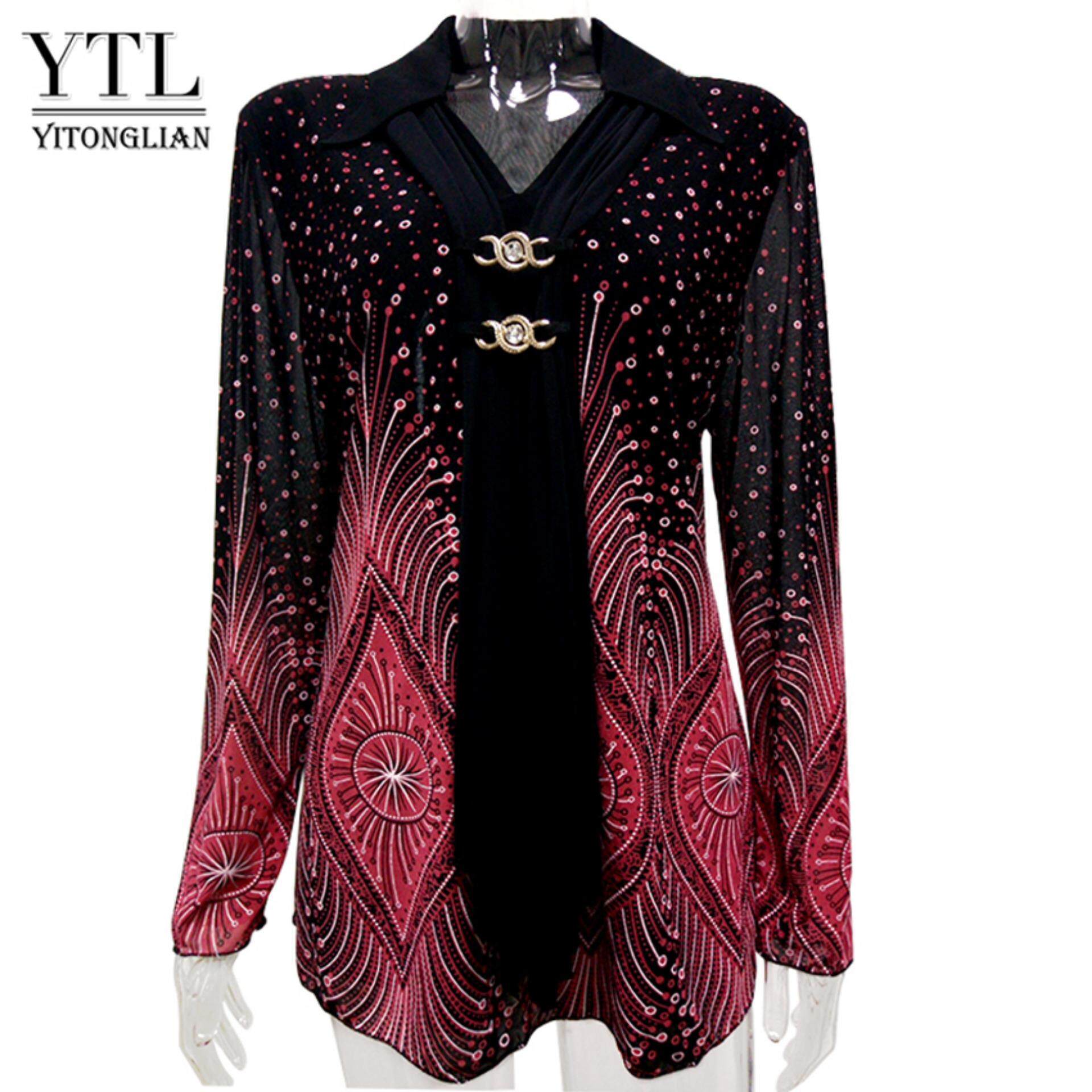 Yitonglian Turun Kerah Plus Ukuran Lengan Panjang Cetak Blus H033 (Merah)-Internasional