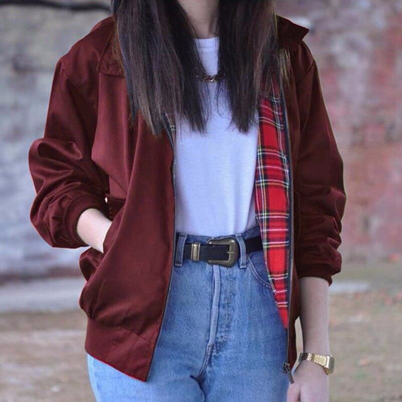 Zanzea Kebesaran Wanita Musim Gugur Lengan Panjang Pakaian Fashion Vintage Tartan Ritsleting Saku Jaket Bomber Kasual Mantel Ukuran Lebih (Anggur Merah)-Intl