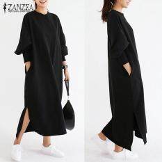 ZANZEA Women Striped Dress Long Batwing Sleeve O-Neck Casual Loose Split Maxi Long Dress Vestidos (Black)