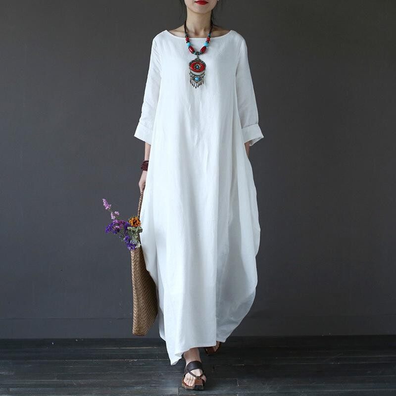 Zanzea Wanita Crewneck 3/4 Batwing Lengan Longgar Kemeja Panjang Besar Gaun Kasual Partai Kaftan Polos Jubah Vestido Plus Ukuran (mati Putih) -Internasional