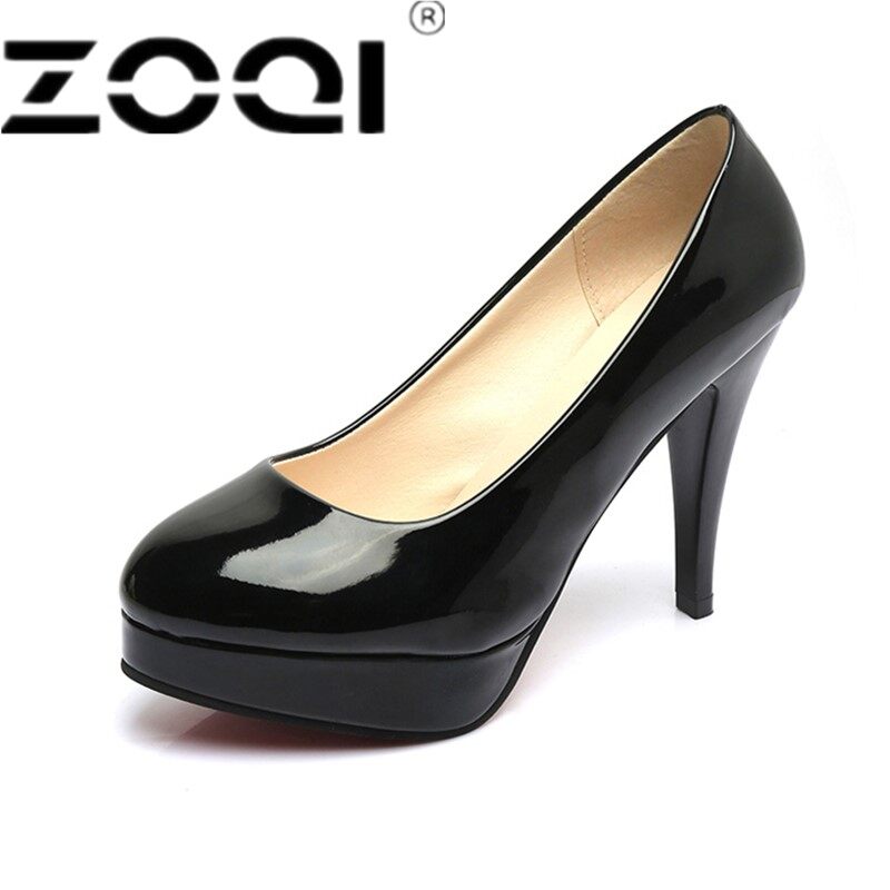 ZOQI Wanita Klasik Desain Round Toe Paten Kulit Pompa Merek Sepatu Formal High Heels Pernikahan Murah Sepatu