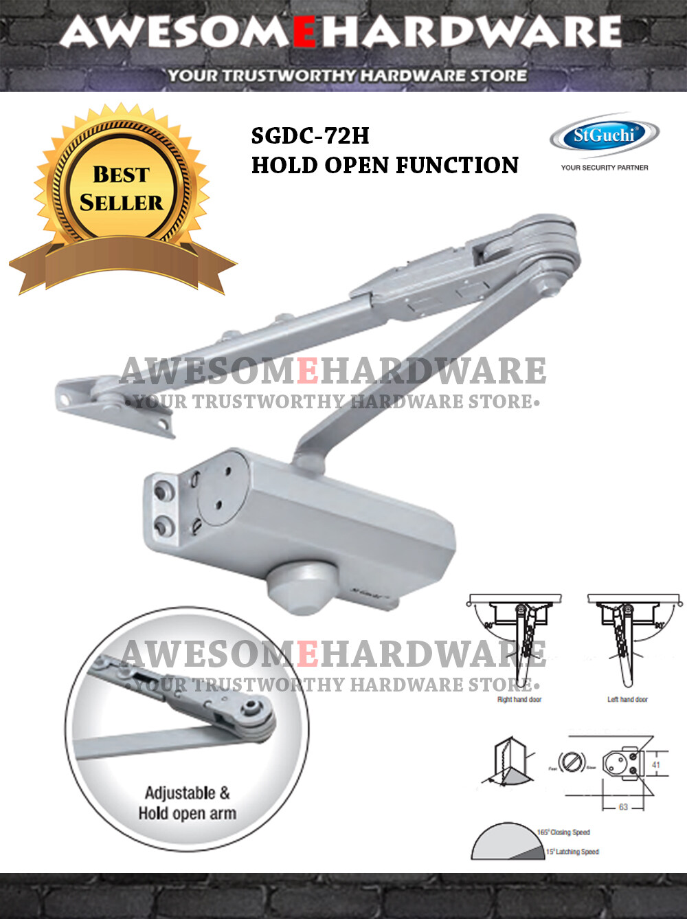 (ADJUSTABLE HOLD OPEN) ST GUCHI SGDC 72H AUTO STOP DOOR CLOSER WITH ...