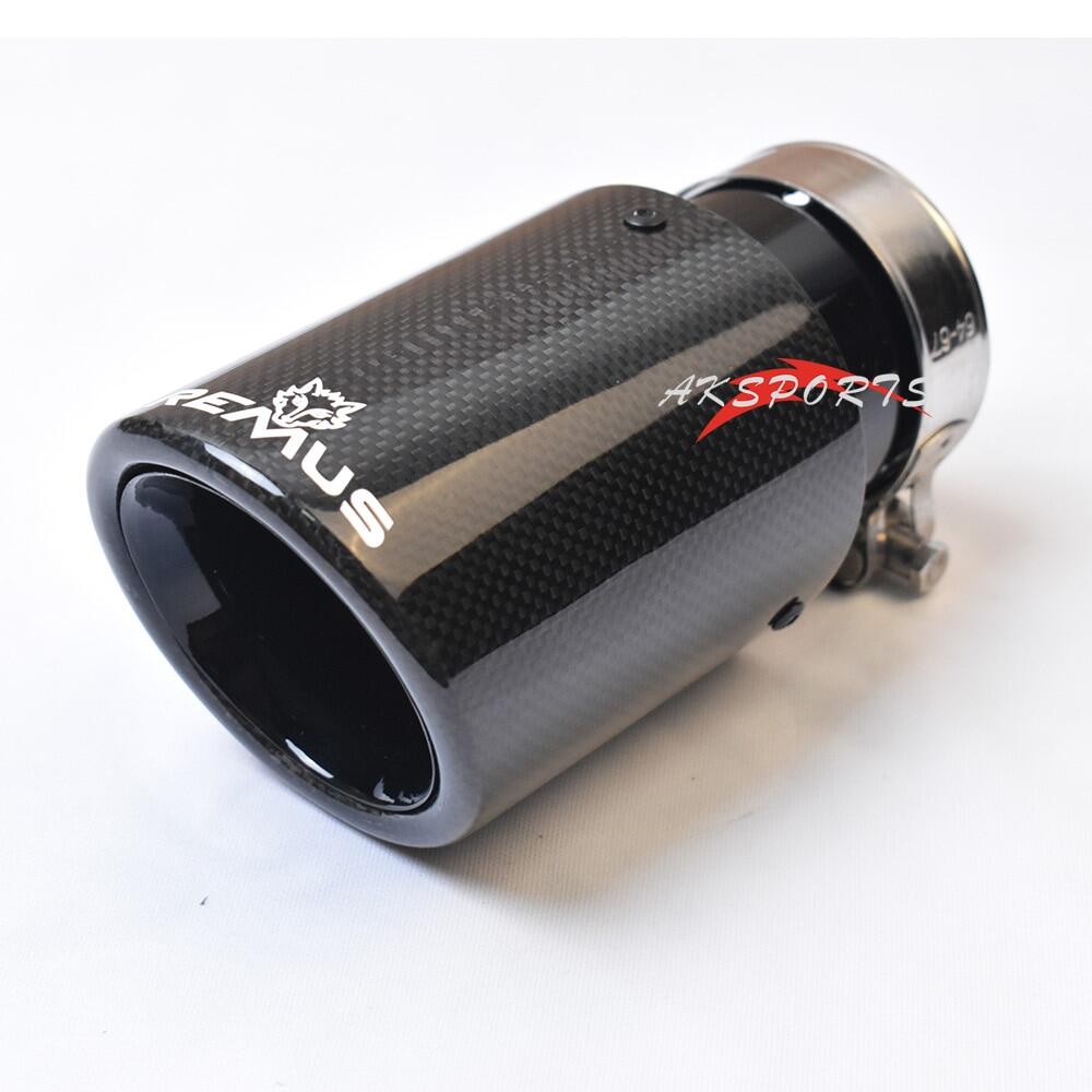 1PC Car Exhaust Tail Pipe Curly Glossy Carbon Fiber Stainless Steel Bevel Edge Black Exhaust Pipe With Remus Logo