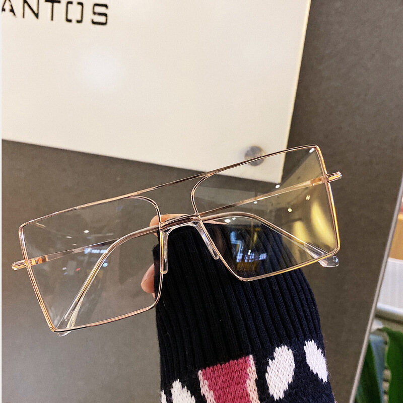 Double Beam Vintage Alloy Square Clear Glasses Frame for Women Metal Oversized Gold Transparent Eyeglasses Men Goggle Shades Casual Female Male On Sale