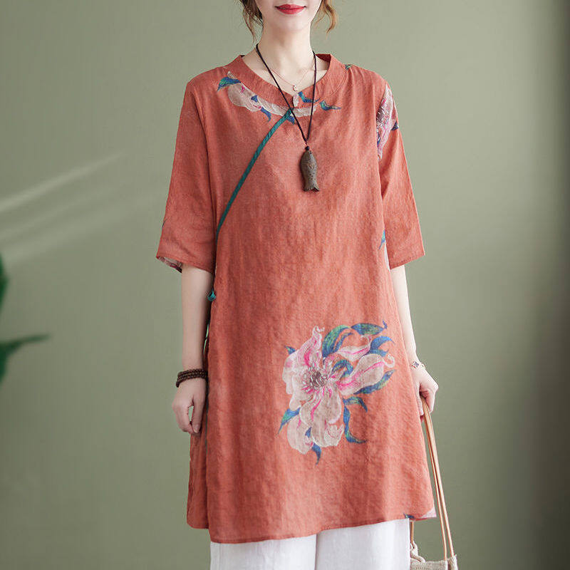 WhiteTime New literary retro large size round neck tie three-quarter sleeve shirt cotton and linen printing washed grinding white tea clothes women's spring and summer 301S0012