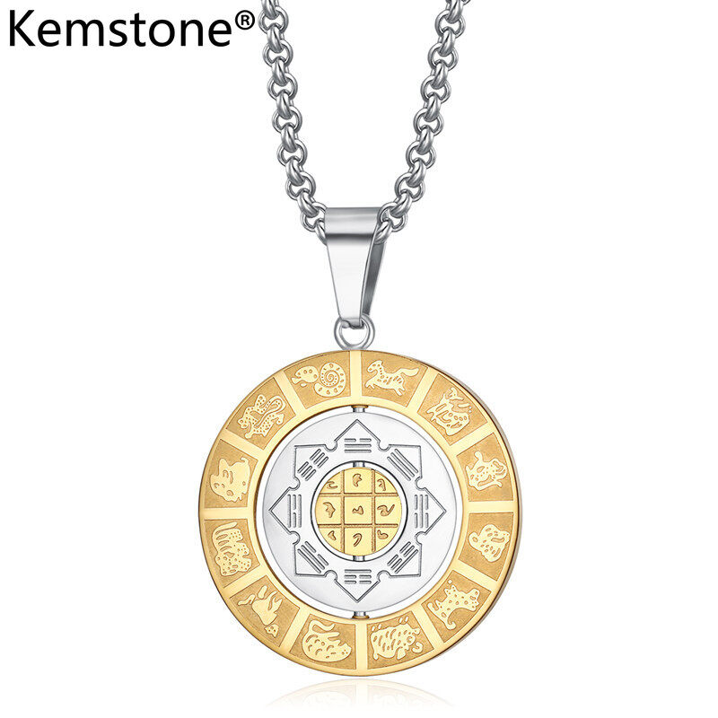 Kemstone Stainless Steel Turnable Zodiac Nine Palaces Eight Trigrams Men's Pendant Necklace Jewelry