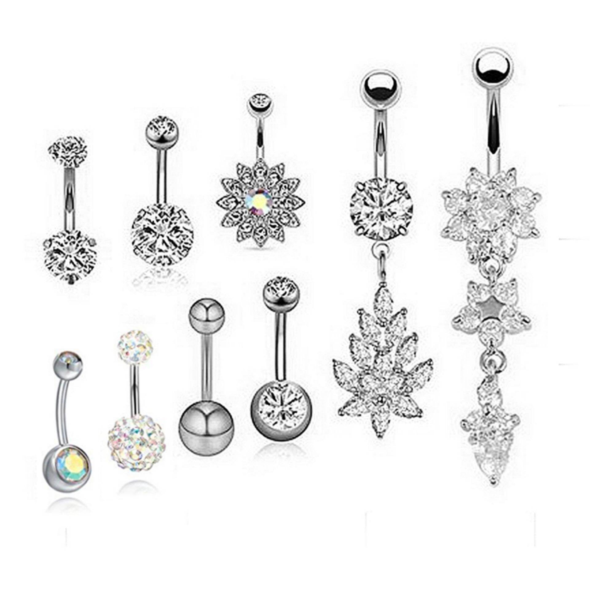Veli shy 9Pcs/Set Dangle Crystal Rhinestone Belly Button Ring Navel Bar Piercing Jewelry