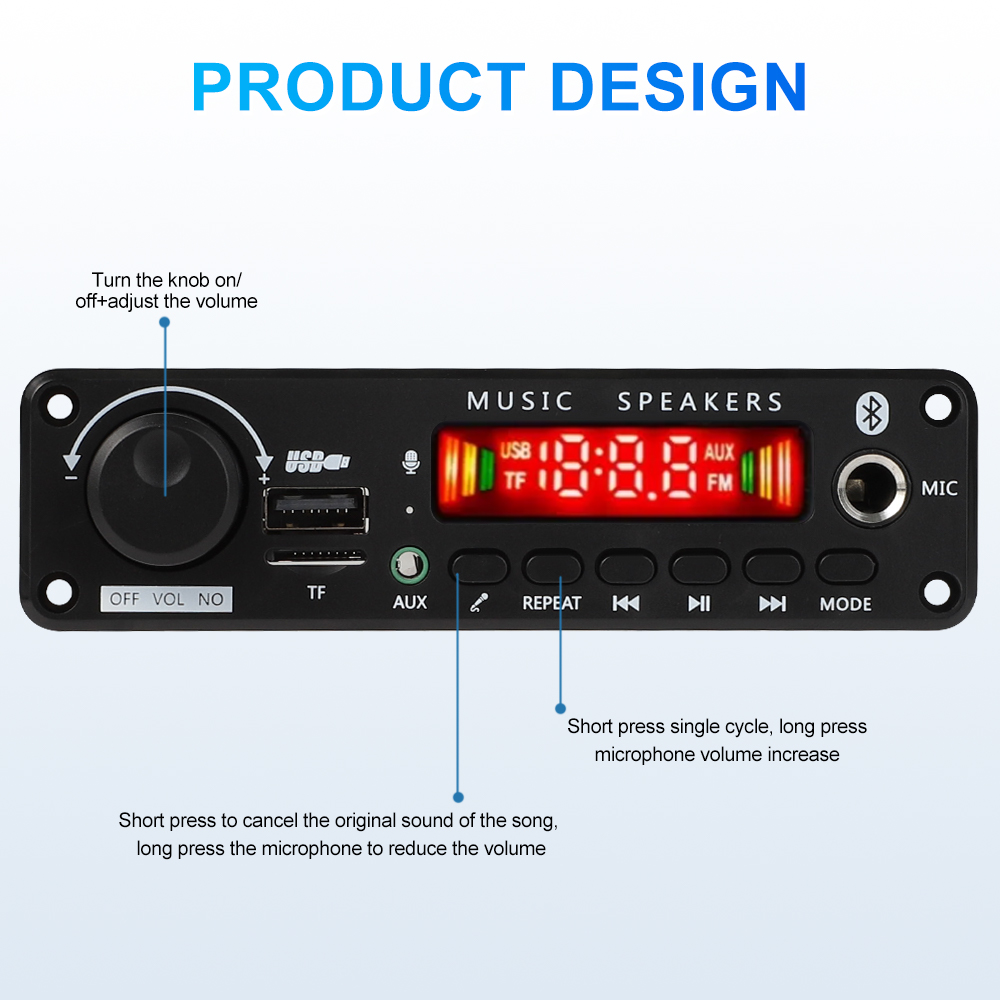 150W DIY Amplifier Bluetooth Decoder Board 12V 6.5mm Microphone FM Radio TF USB Car Audio Music Player Speakers Volume Control