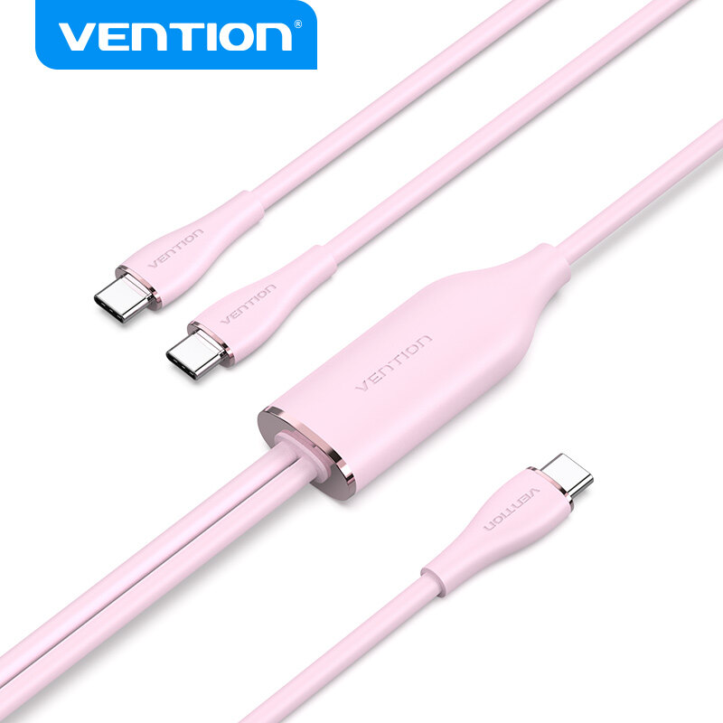 Vention silicone data cable 2-in-1 100w fast charging usb 2.0 type-c male to 2 type-c male 5a cable