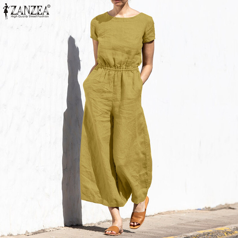 ZANZEA Women Summer Cotton Playsuit Plain Short Sleeve Wide Leg Long Jumpsuit