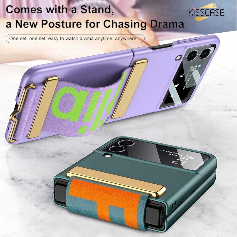 KISSCASE For Samsung Galaxy Z Flip6 Flip5 Flip4 5G Flip3 Phone Case 2 In 1 With Lens Camera Tempered Glass Protection Film Strap Wristband PC Back Cover Case for Samsung Galaxy Z Flip6 Flip5 Flip 4 Flip3 5G