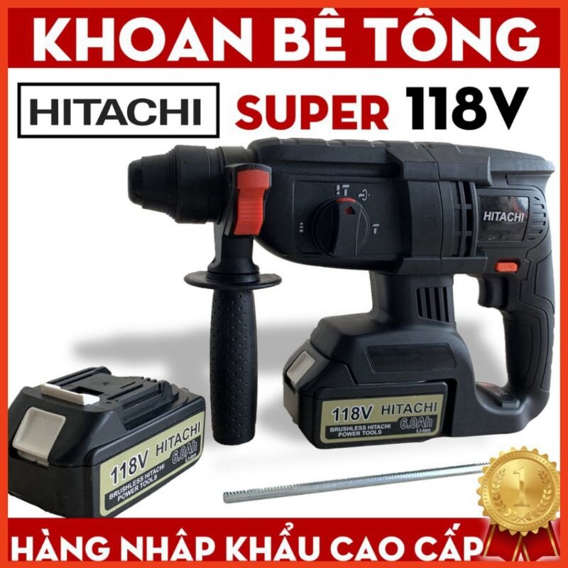 Máy khoan đục bê tông hitachi 118v 3 chức năng, 2 pin, không chổi than