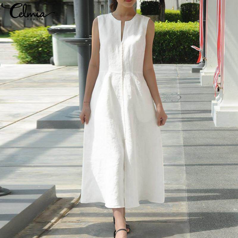 Celmia Summer Womens Casual Sleeveless Cotton Evening Cocktail Party Long Dress