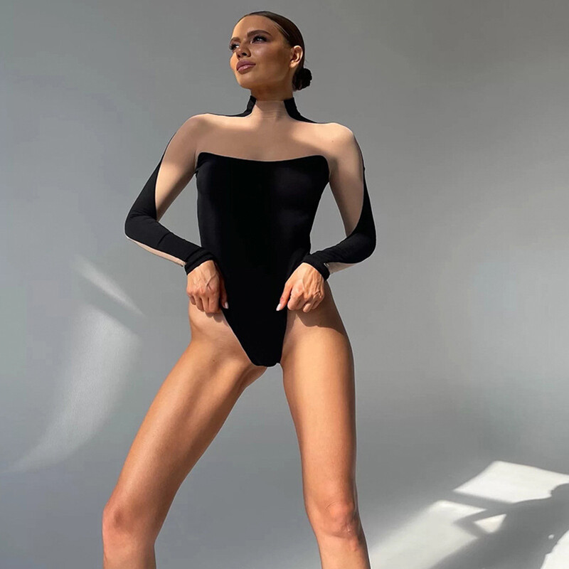 Women Mesh Bodysuit, Long Sleeves Mock Neck Solid Color Patchwork Leotard Tops