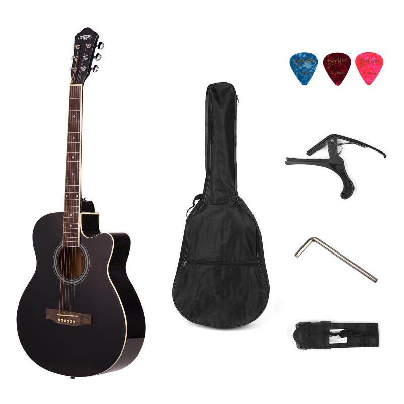 40inch Cutaway Acoustic Folk Guitar 6 Strings Basswood with Strap Gig Bag Capo Picks black Malaysia