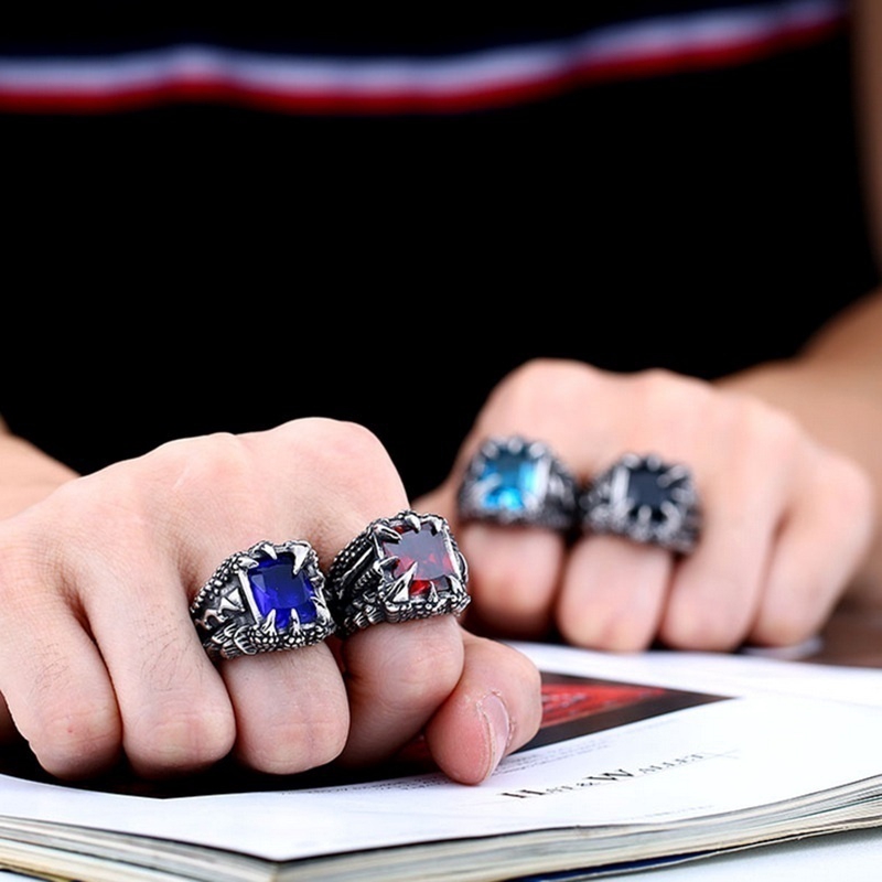Vintage Gothic Men Dragon Claw Ruby Ring Hip Hop Jewelry