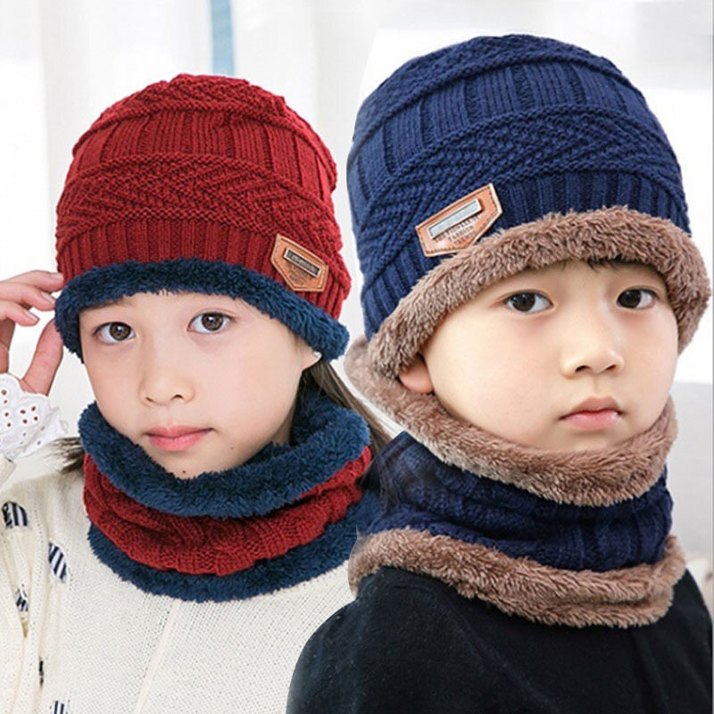 Kingstar123 Kids Girl Boys Hats Winter Warm Knitted Plain Beanie Scarf Set Casual Outdoor