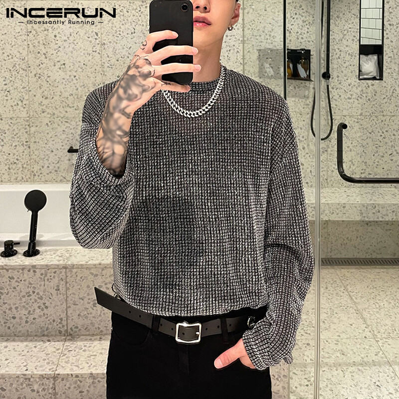 Incerun mens shinny long sleeve t shirt casual loose tops party clubwear dance tee