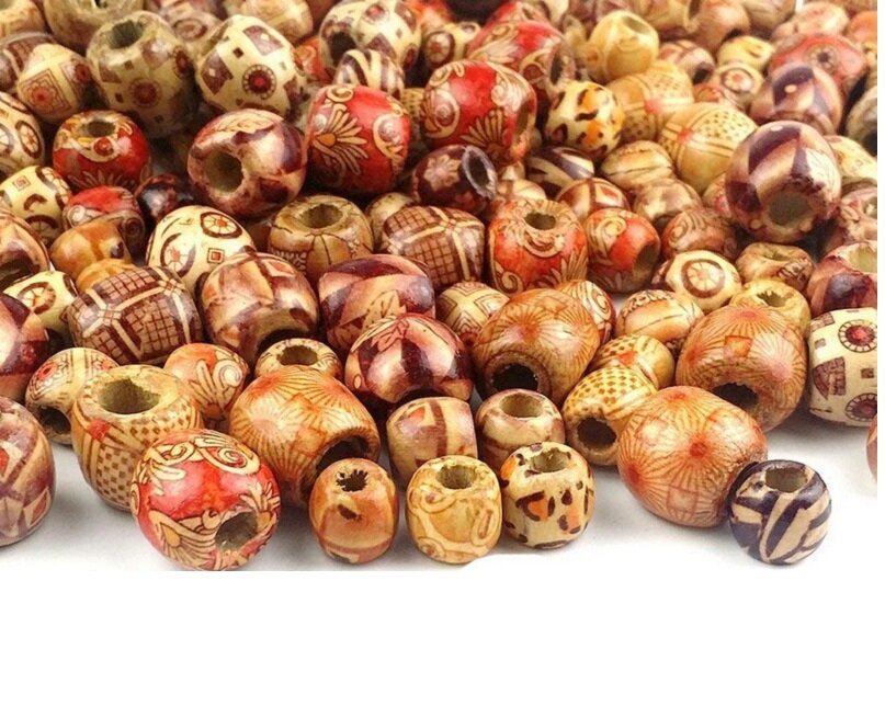 100Pcs Mixed Painted Pattern Retro Wooden Beads Round Loose Beads Spacer Beads for Bracelets Jewelry DIY Making
