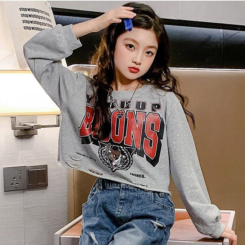HOBIBEAR Girls' short tops, Korean version of super cool bottoming shirts, children's long-sleeved T-shirts with holes