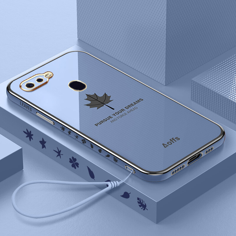 YBD Straight Edge Plating Phone case For OPPO F9 Pro casing, Precise Camera Protection case Maple leaf pattern cover with Free lanyard